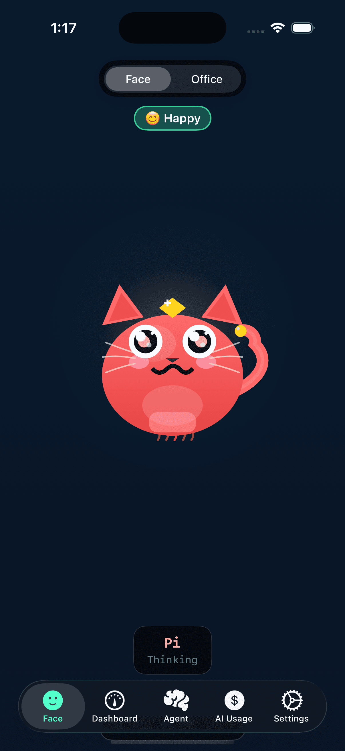 ClawFace mood-reactive mascot showing real-time Mac system health