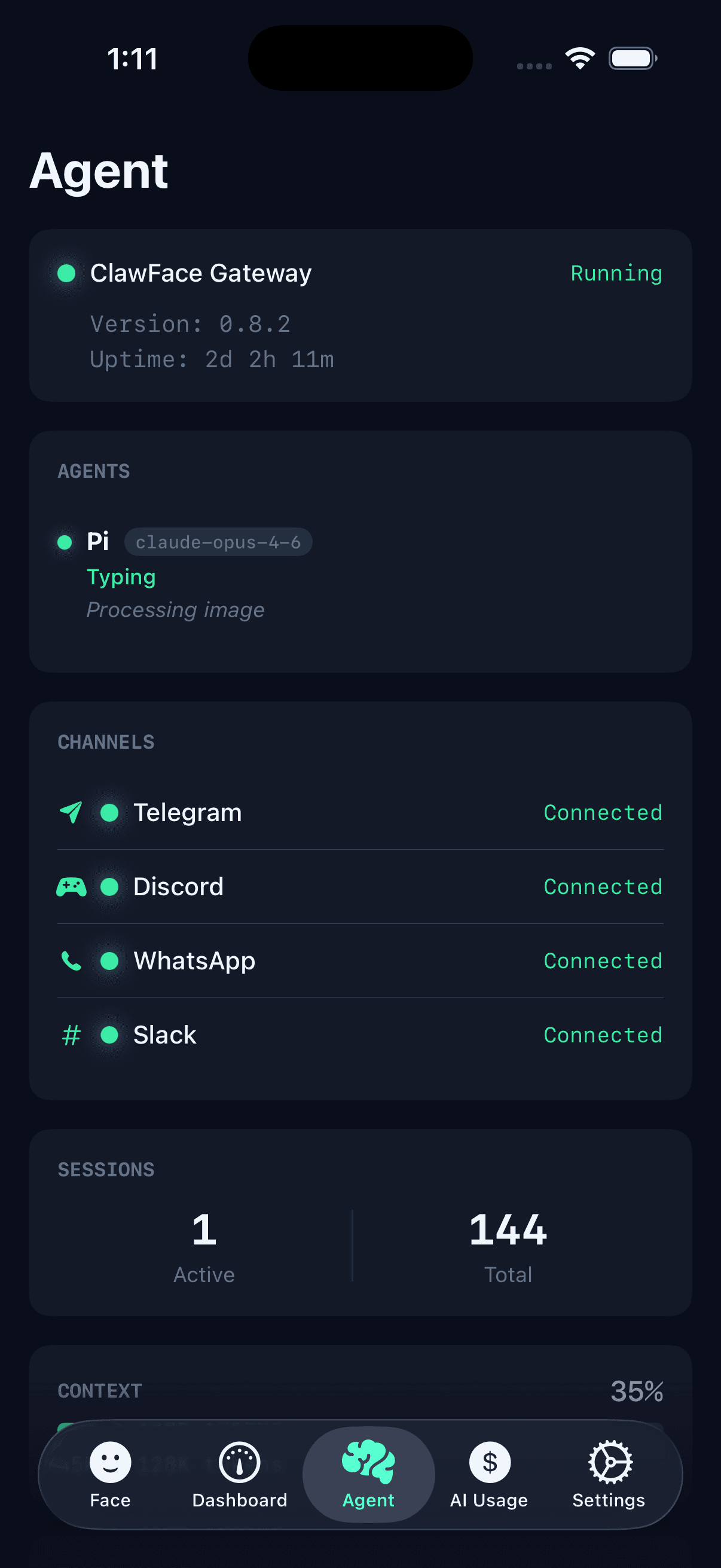 Agent monitoring showing active sessions and channel status